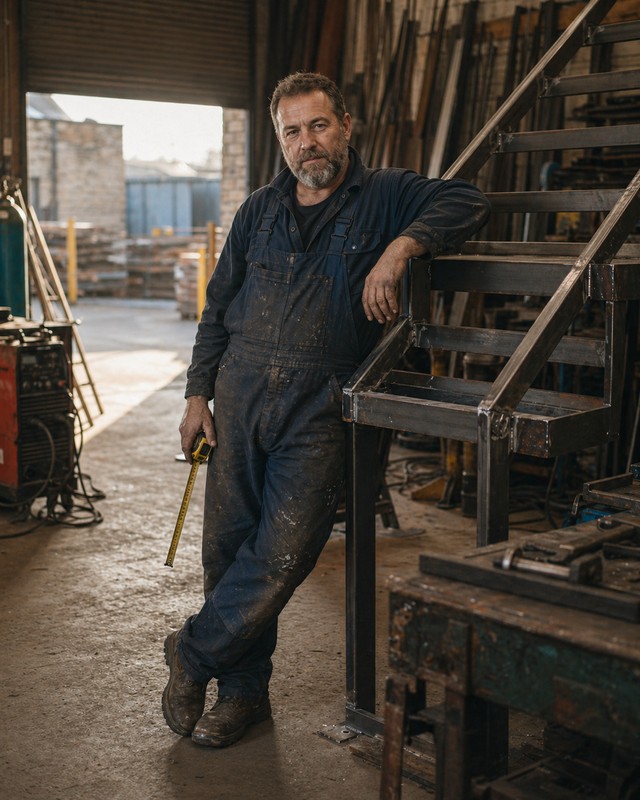Joe Wainwright leaning on a fabricated steel staircase in the Attercliffe workshop