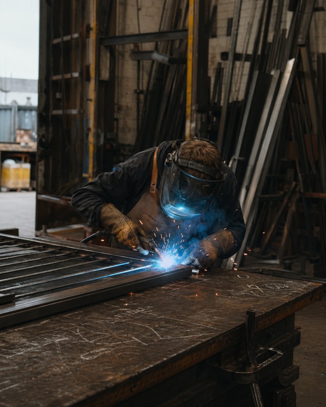 Bolt & Burn welder TIG-welding a steel gate frame in the Attercliffe workshop